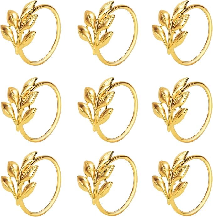 KPOSIYA Set of 6 Leaf Napkin Rings Metal Gold Napkin Holder Table Napkin Rings for Thanksgiving Day Christmas Dinning Table Parties Everyday (Ye Zi-Gold 6)