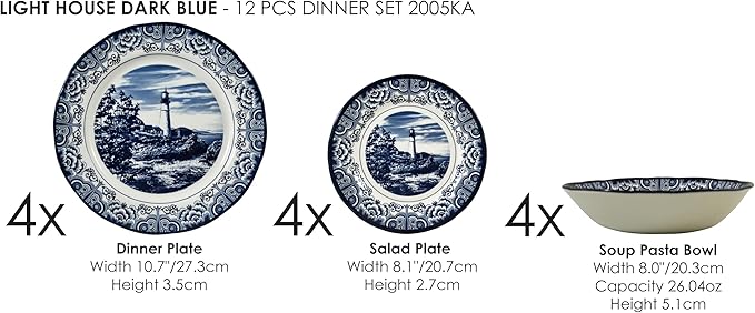 Tudor Royal 12-Piece Round Porcelain Dinnerware Set, Service for 4 - Light House Dark Blue Design, Plates Bowls Dishes, Premium Quality Tableware, Unique Pattern, Glossy