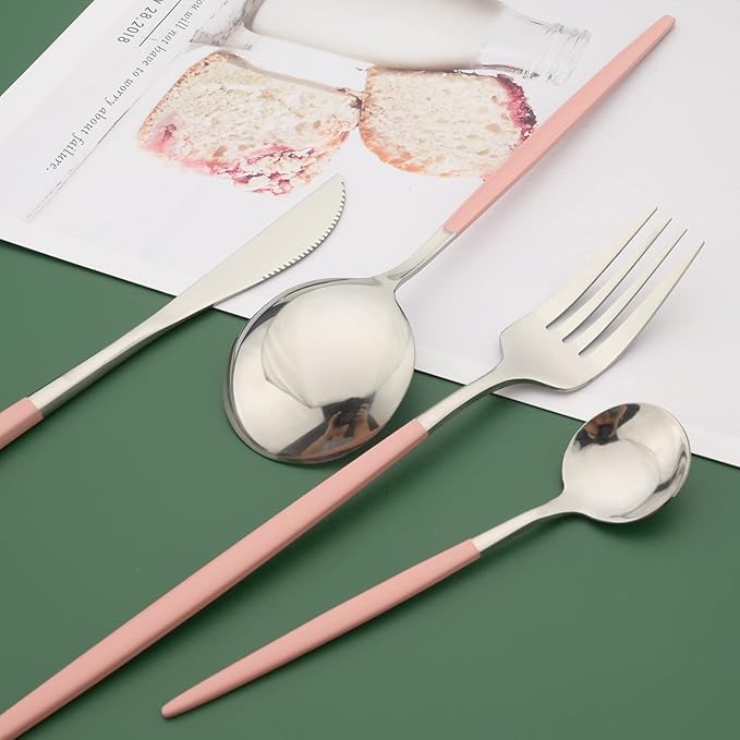 Silverware Set, 24 Pcs Stainless Steel Flatware Cutlery Set, Knives Forks and Spoons Set with Colored Handles, Rust-proof Serving Utensils, Mirror Polished, Service for 6 (Silver+Pink)