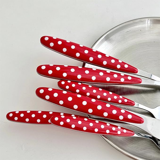 60-Piece Silverware,Service for 10，Stainless Steel Flatware Set，Red Cute Polka Dot Handle， French for Flatware Sets Afternoon Tea,Mirror Finish, Gift Box，Machine Washable