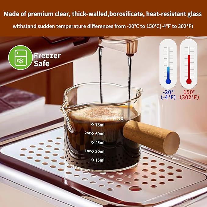 YARRAMATE 2.5 oz/75ML Espresso Cups with Wood Handle, Clear Glass Espresso Accessories, Double Spout Measuring Cup with Dual Scale, Espresso Shot Glass with V-Shaped Spout, Dishwasher Safe