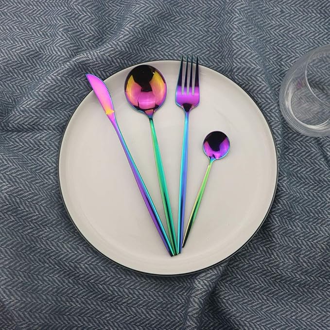 JASHII 4 Piece Silverware Set, 4-Pieces Flatware Set 304 Stainless Steel Cutlery Set Service for 1,Include Knife/Fork/Spoon,Mirror Polished (Rainbow)