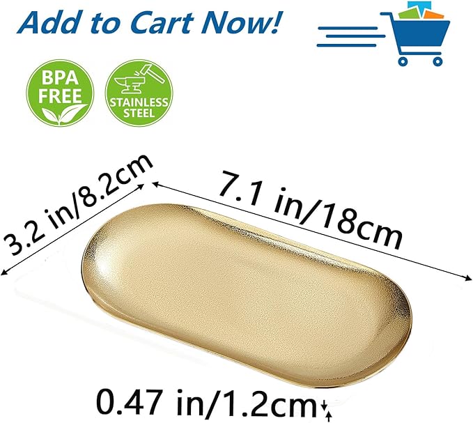 SANQIAHOME 7X3 inch ellipse Appetizer Plates,thick stainless steel Dinner Plates, Pasta Dessert Plates for Sushi, Fruit oven/Dishwasher Safe, Set of 4,Gold