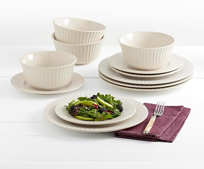 Tabletops Gallery Richmond 12-Piece Reactive Glaze Stoneware Dinnerware Set of Kitchen Dishes, Dinner Plates, Cereal Bowls, Service for 4, White