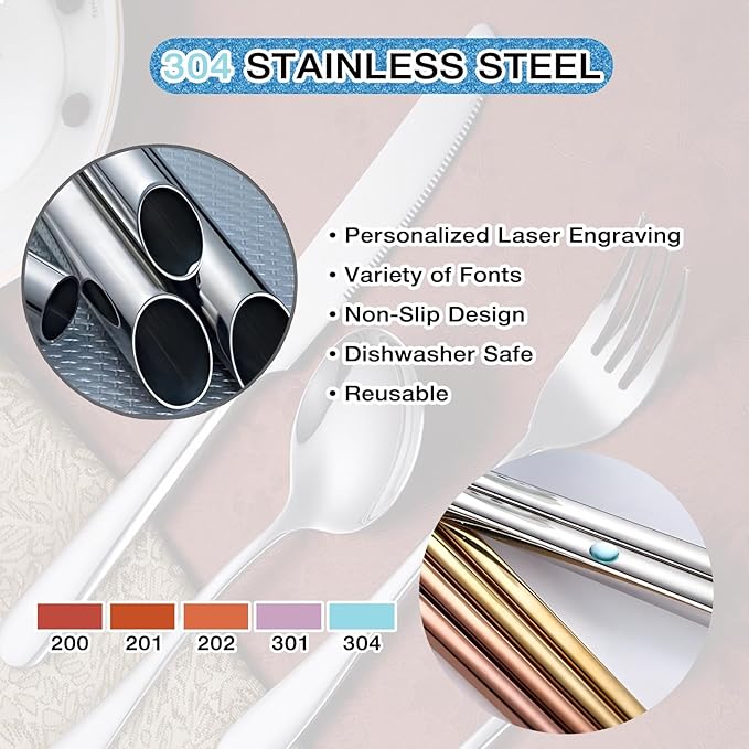 [ 3 Pack ] Custom Flatware Set, Personalized Engraving Name Text Dinner Fork/Knife/Spoon Stainless Steel Reusable Tableware, Customized Birthday Christmas Gift for New Home Party Favors Wedding