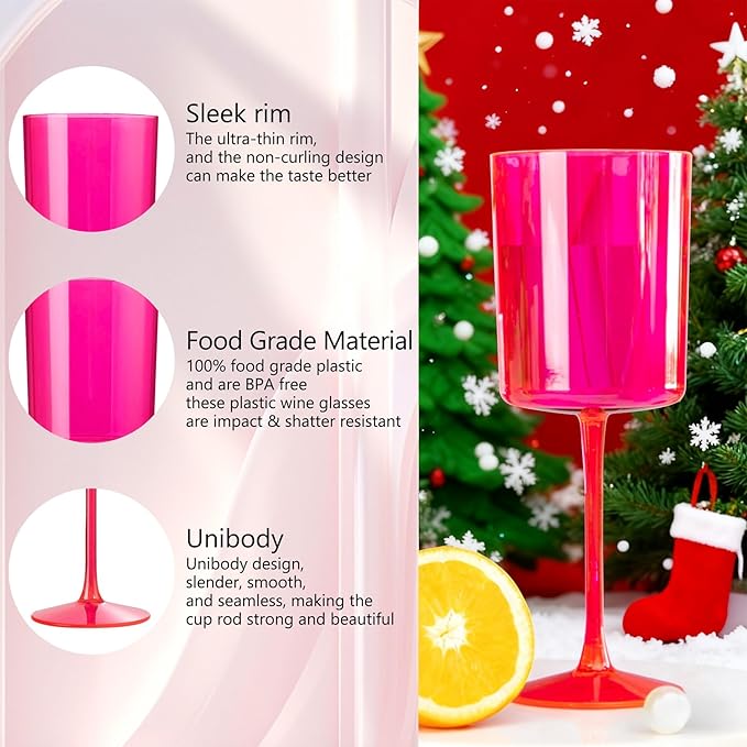 Ciaell 12 Pack Plastic Wine Glasses - 10Oz Hot Pink Plastic Wine Glasses With Stem - Disposable Stemmed Cups for Parties & Weddings