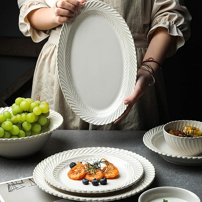 New Dinnerware Sets,Ceramics Dinner Sets, 25 Pieces White Glaze Porcelain Dinnerware Set| Retro Relief Cereal Bowl and Steak Plate Set