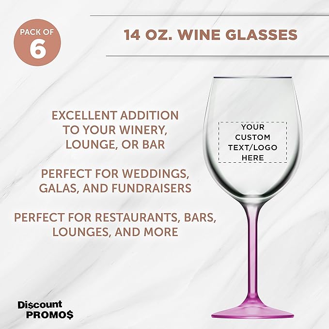 Custom Wine Glasses 14 oz. Set of 6, Personalized Bulk Pack - Restaurant Glassware, Perfect for Red Wine, White Wine, Cocktails and More - Pink