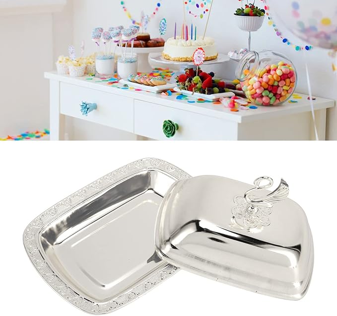 Gold Stainless Steel Gold Serving Tray, European Style Elegant Serving Platter Small Storage Fruit Tray, Eating Trays Metal Fruit Plate Table Decoration with Lid for Snacks Candies Desserts(Silver)