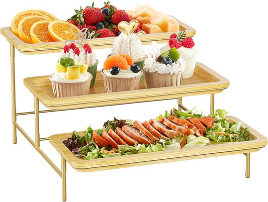 Lifewit 3 Tier Bamboo Serving Tray for Party Supplies, 12" x 6.5" Platters for Serving Food, Reusable Trays with Gold Metal Display Stand for Veggie, Fruit, Cookies, Dessert