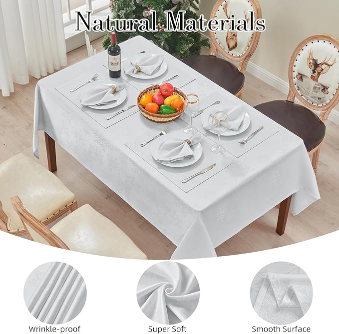 Rectangle Fancy Metallic Sparkling Snowflake Christmas Fabric Table Cloth red Hunter Gold Navy White Silver No-Iron Soil Resistant Woven Holiday Table Cover(White Silver/60x144Inch)