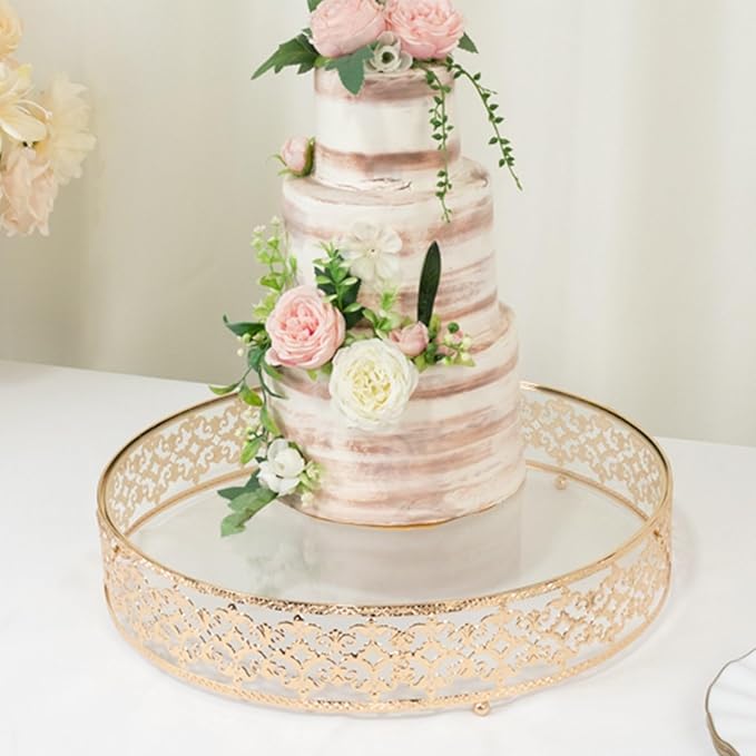 Efavormart Cake Stand in Gold Baroque Ornate with Glass Top, Round Dessert Display Tray - 18"