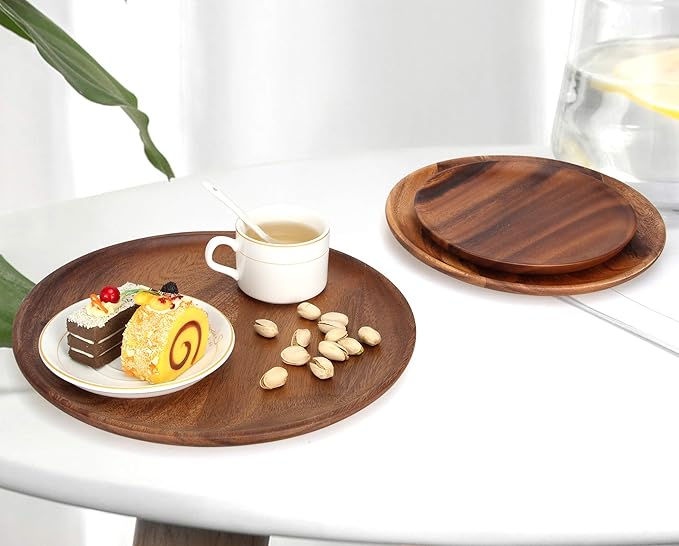 Ayiaren 12 Inch Best Acacia Wooden Dinner Plates Set of 2, Round Wood Serving Tray Wooden Plates for Eating Salad Fruit Food Dishe Platter Charcuterie Boards Charger Plate Cheese Serving Board
