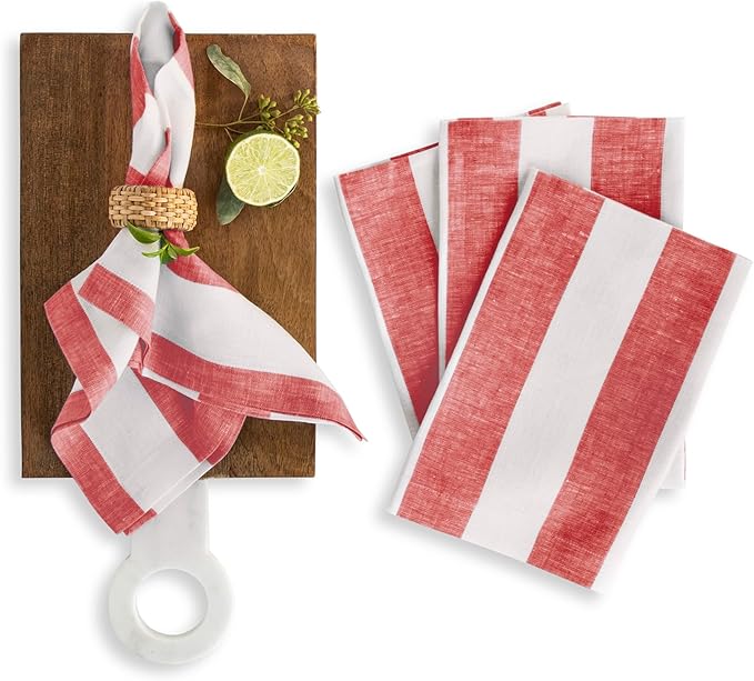 Solino Home Linen Napkins Set of 4-100% Pure Linen Cabana Stripe Red and White Cloth Dinner Napkins 20 x 20 Inch for Christmas, Holiday, Winter, New Year - Handcrafted and Machine Washable