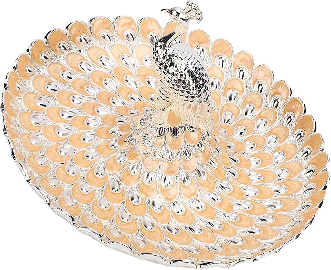 Zerodis Decorative Peacock Serving Tray, Zinc Alloy Fruit Platter, Elegant Storage Centerpiece for Home Kitchen Table, Snacks Cookies Display (Silver Orange)