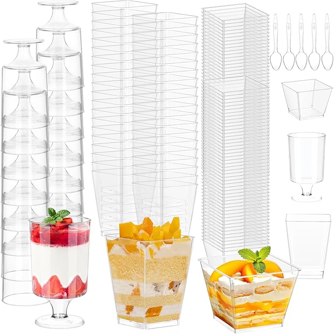 tchrules 300 Packs 5oz Dessert Cups with Spoons, 3 Styles Mini Plastic Appetizer Cups, Clear Parfait Cup for Party, Cake Cups for Tiramisu, Pudding, Snacks, Yogurt, Fruits, Mousse