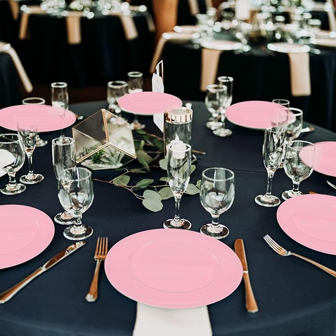 50 Pcs Pink Charger Plates, 13 Inch Round Plastic Chargers for Dinner Plates, Elegant Wedding Plate Charger Bulk, Reusable Chargers Serving Plates for Wedding Party Event Tabletop Decoration