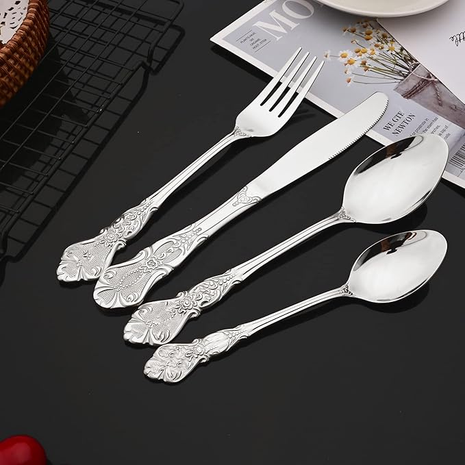 JASHII Silverware Set 24 Piece Family Dinnerware Set Flatware Set for 6, Silver Tableware Set Great for Family Gatherings & Daily Use-Spoons, Knives, Teaspoons, Forks (Silver）