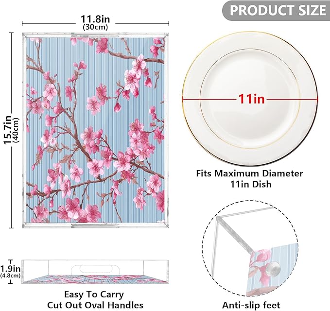 Serving Tray with Handles Clear Acrylic Tray 12x16 Inch Decorative Rectangular Tray Organizer for Ottoman Coffee Table Bathroom Blue Stripes Cherry Blossom