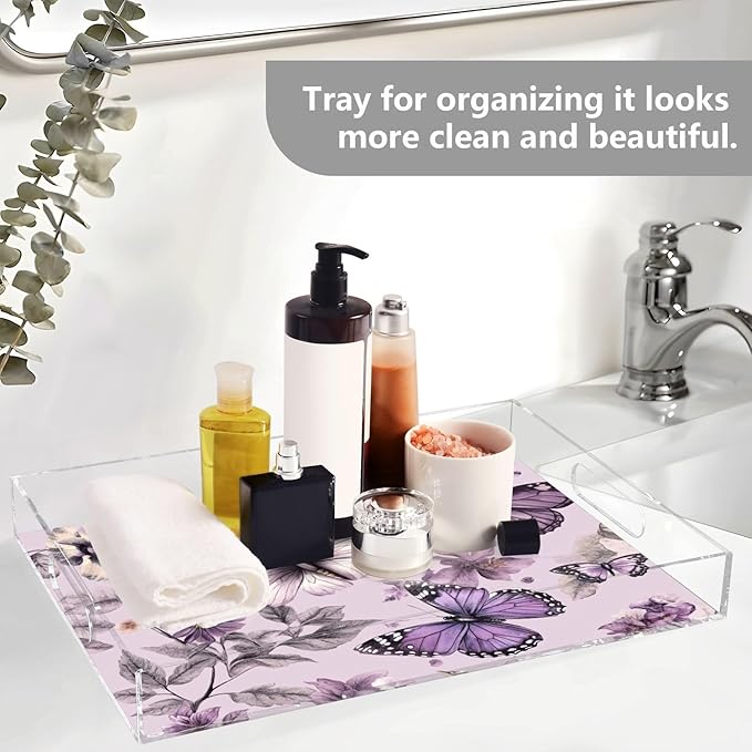Serving Tray with Handles Clear Acrylic Tray 12x16 Inch Decorative Rectangular Tray Organizer for Ottoman Coffee Table Bathroom Pastel Purple Butterflies and Vintage Flowers