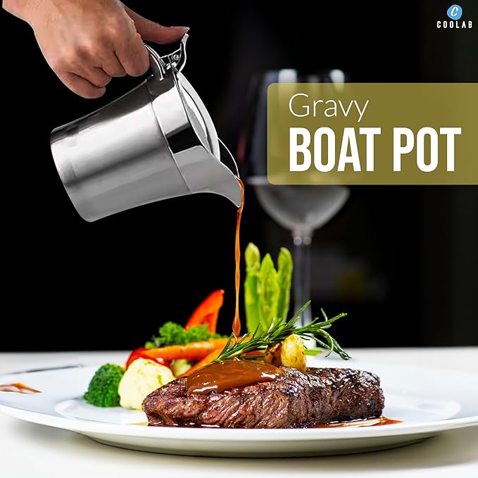 450ML Stainless Steel Gravy Boat with Lid – Double Insulated Gravy Pitcher for Hot & Cold Sauces – Elegant Sauce Boat Small Gravy Server for Steak, Turkey, and Holiday Dinners