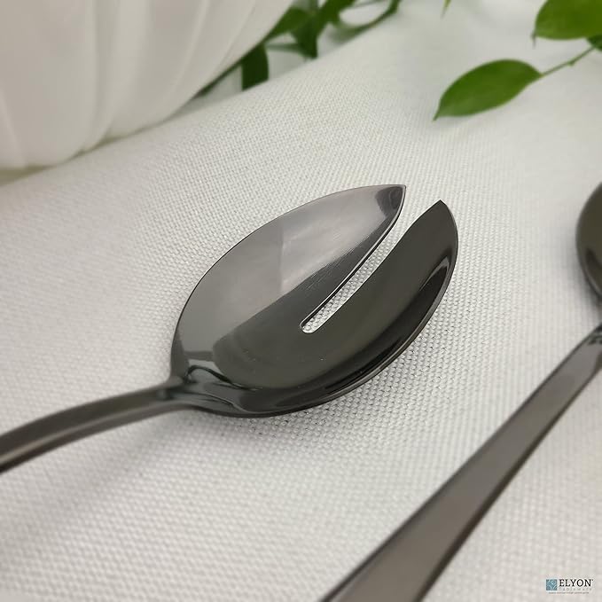 Elyon 3-Piece Black Flatware Serving Spoons, Stainless Steel Hostess Set, Reflective Mirror Finish, Salad Servers with Complimentary Pie Pastry Server, Reusable Dishwasher Safe