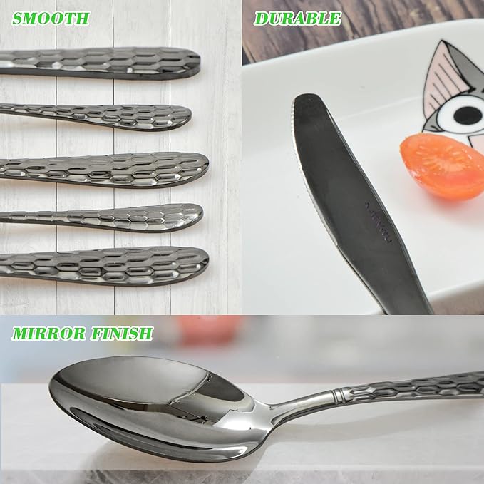 40PCS Black Silverware Set for 8, 18/10 Stainless Steel Flatware for 8, Elegant Honeycomb Design Tableware Cutlery Include Knife/Fork/Spoon Service for 8, Mirror Polished, Dishwasher Safe (Black)…