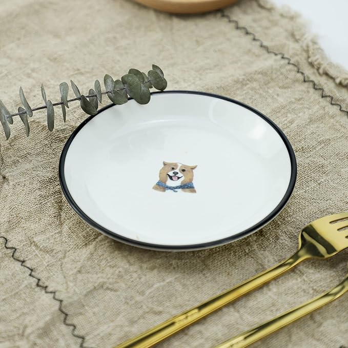 SOCOSY Cute Retro Style Smiling Dogs Ceramic Seasoning Dishes Sauce Dish Sushi Dipping Bowl Appetizer Plates Tea Bag Holder Serving Dish for Kitchen, 5 Inch, Set of 4