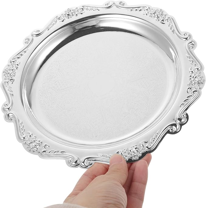 Unomor Elegant Vintage Serving Tray Silver Iron Snack Plate for Food Jewelry Display Dessert Decorative Platter for Parties Home Dining and Event Presentation