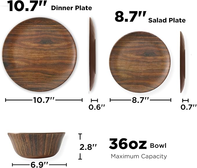 TP 12-Piece Dinnerware Set, Melamine Dishes Set with Bowls and Plates, Non-breakable and Lightweight Dinner Service for 4, Wood Grain