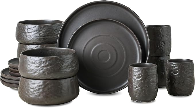 Stone by Mercer Project SHOSAI 16-Piece Stoneware Dinnerware Set, Plates and Bowls Set, Modern Dishware set fo 4, Black