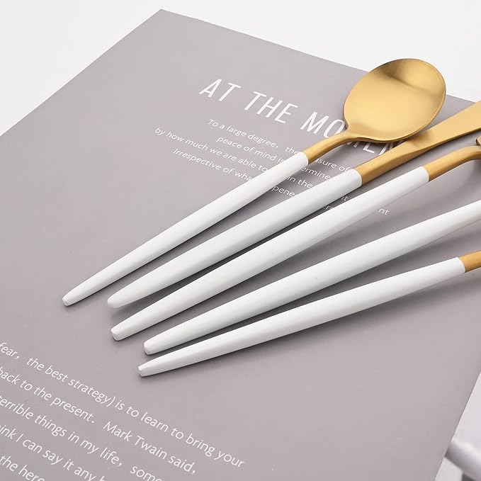 Flatware Set 18/10 Stainless Steel Matte White Handle Gold - Kitchen Utensil Serving Set of Dinner Fork Knife Spoons Salad Fork Dessert Spoon,20 Piece, Service for 4 (White + Gold)