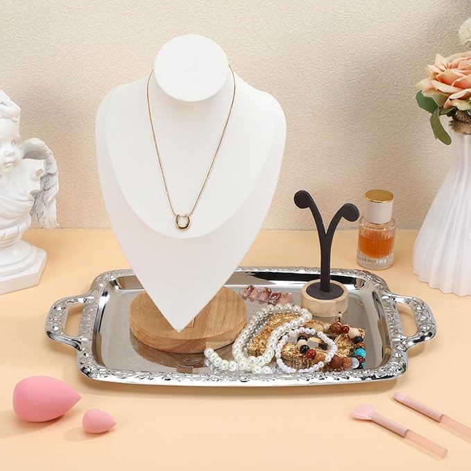 DOITOOL Vintage Silver Serving Tray Metal Decorative Tray for Serving Food Condiments Fruit, Rectangular Tableware for Kitchen Dining Living Room, 15. 35 X 9. 05 Inch