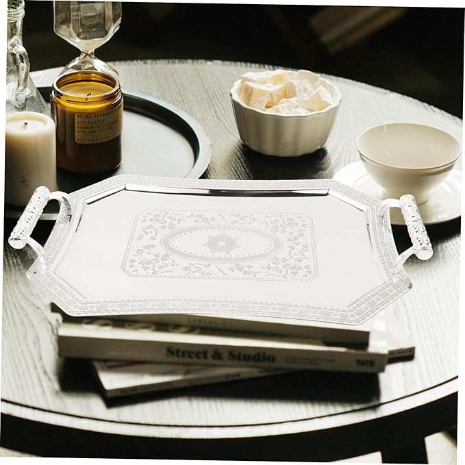 Happyyami Vintage Silver Serving Tray Retro Decorative Dish for Dessert Snacks and Appetizers Elegant Double-handled Platter for Tea Parties Housewarming and Weddings