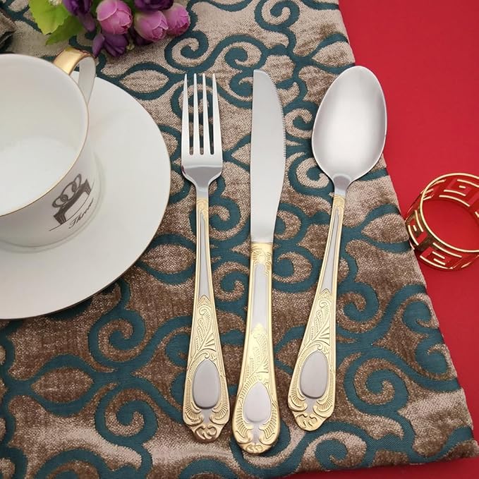 IKXO 20-Pc Premium Silverware Flatware Serving Set, Service for 5, 18/10 Stainless Steel Gold Plated Dining Flatware Gift Package for Christmas and Thanksgiving&Halloween