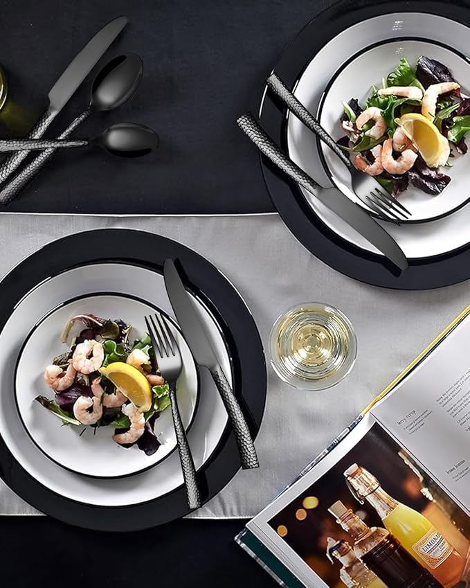 EUIRIO 40-Piece Black Hammered Silverware Set, Stainless Steel Black Flatware for 8, Mirror Polished Tableware Cutlery Set for Home and Hotel, Includes Forks, Spoons and Knives, Dishwasher Safe