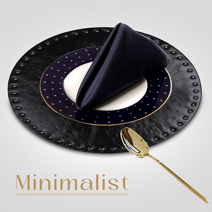 FAVE Black Faux Leather Placemats 13.78Inches Round Placemat Set of 2 Heat Resistant Place Mats for Kitchen Table Wipeable Fall Placemats Table Mats with Rivets High Texture Placemat (Black)