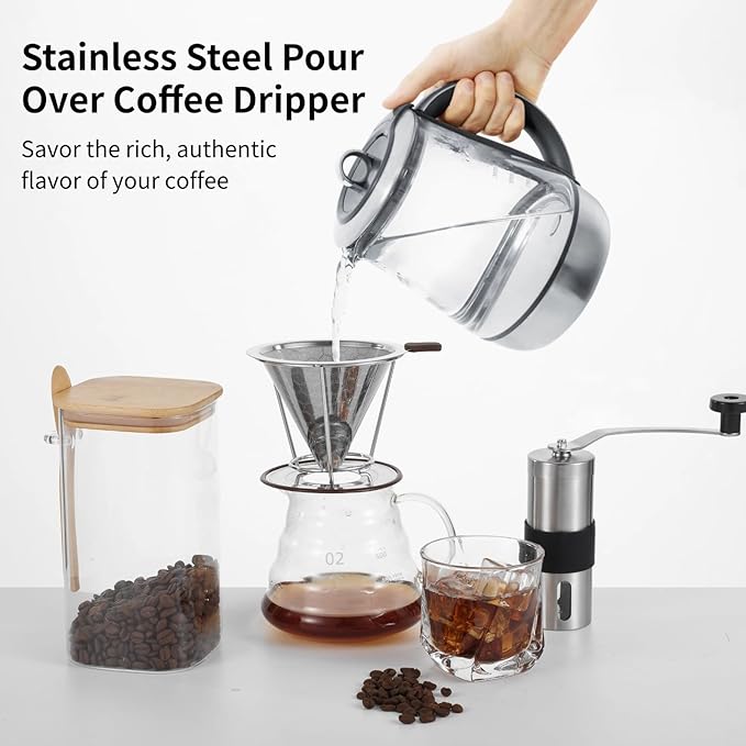 OMISTAR Stainless Steel Pour Over Coffee Dripper with Removable Stand, Dual Layer Coffee Filter, Easy to Clean, Paperless Reusable Filter for Home, Office and Travel