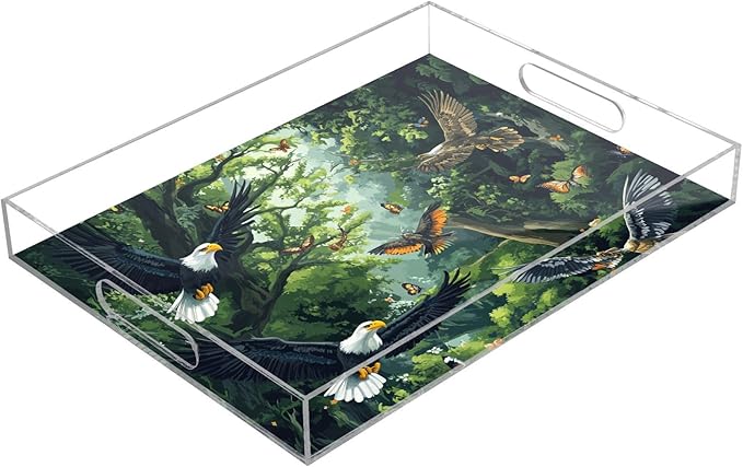 Serving Tray with Handles Clear Acrylic Tray 12x16 Inch Decorative Rectangular Tray Organizer for Ottoman Coffee Table Bathroom Bald Eagles and Forest Butterflies Bees