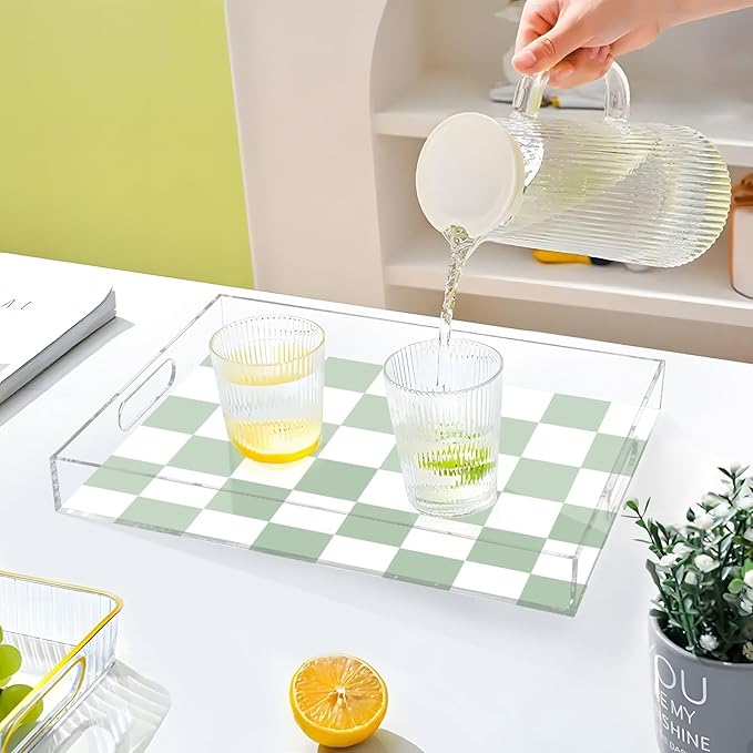 Serving Tray with Handles Clear Acrylic Tray 12x16 Inch Decorative Rectangular Tray Organizer for Ottoman Coffee Table Bathroom Checkered Green and White