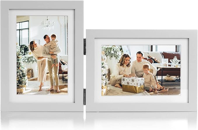 5X7 Double Wooden Hinged Picture Frame Vertical and Horizontal in White, Display 4x6 with Mat or 5x7 without Mat, Folding Photo Frame with Real Glass Front for Tabletop P-BAI-SH57