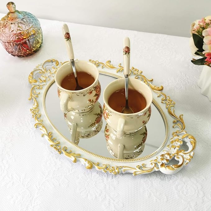 Ham Oval Floral Wall Mirror Tray, Dresser Organizer Tray, Decorative Perfume Mirror Tray, Serving Tray, 9.5’’ X 14.5’’, White