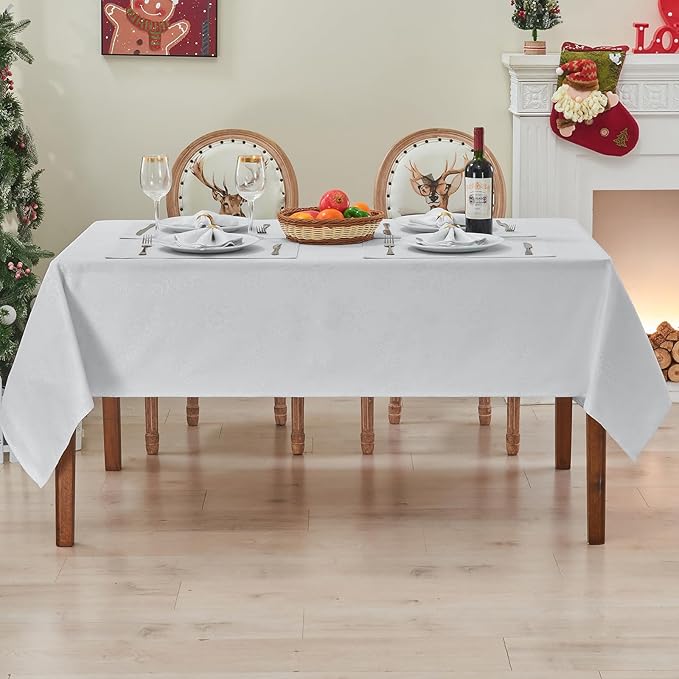 Rectangle Fancy Metallic Sparkling Snowflake Christmas Fabric Table Cloth red Hunter Gold Navy White Silver No-Iron Soil Resistant Woven Holiday Table Cover(White Silver/60x104Inch)