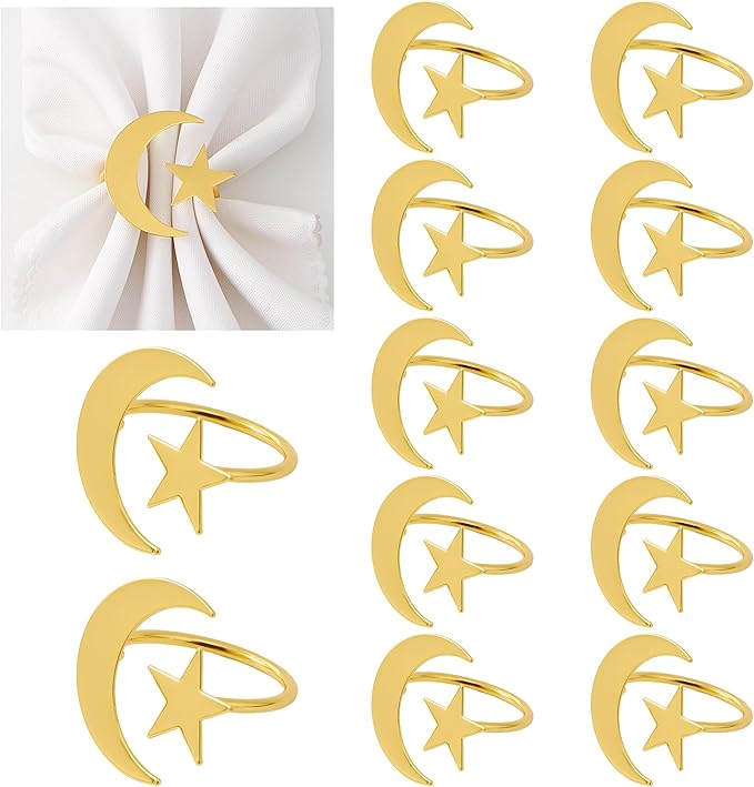 APTWOW Gold Ramadan Bismillah Napkin Rings Set of 12 - Eid Mubarak Napkin Holder, Moon and Star Metal Napkin Rings for Ramadan Banquet Party Dining Table Decoration
