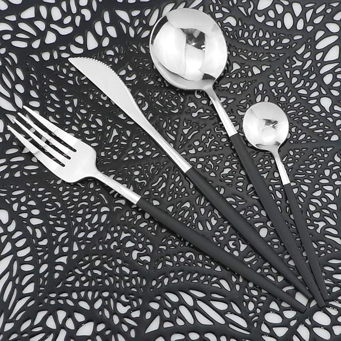 Mirror Silverware Set,24-Piece 304 Stainless Steel Shiny Flatware Set,Kitchen Utensil Set,Tableware Cutlery Set for Home and Restaurant, Dishwasher Safe Service For 6 (Black Handle Silver)