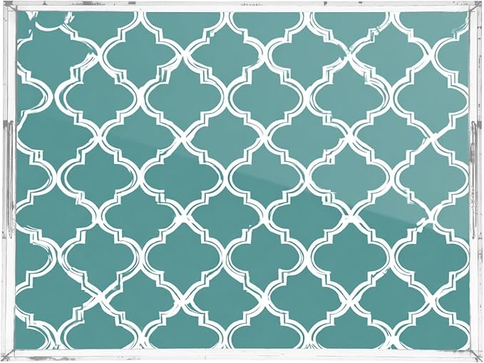 Serving Tray with Handles Clear Acrylic Tray 12x16 Inch Decorative Rectangular Tray Organizer for Ottoman Coffee Table Bathroom Teal Minimalist Quatrefoil