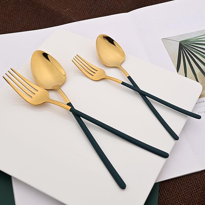 36pcs Silverware Set, 18/10 Stainless Steel Serving Flatware With Curved Handle For 6, Durable Eating Utensils For Home Entertaining, Mirror Polished (Green Gold)