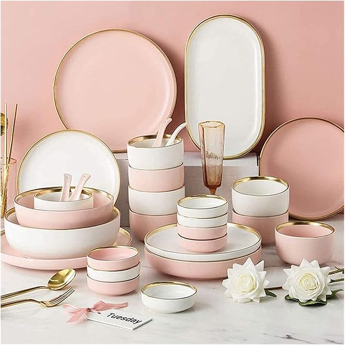 Porcelain Dinnerware Sets Plates and Bowls Sets 30 Pieces Porcelain Dinnerware Set, Nordic Style Tableware Set, Pink and White Dish with Phnom Penh, Dishwasher Safe