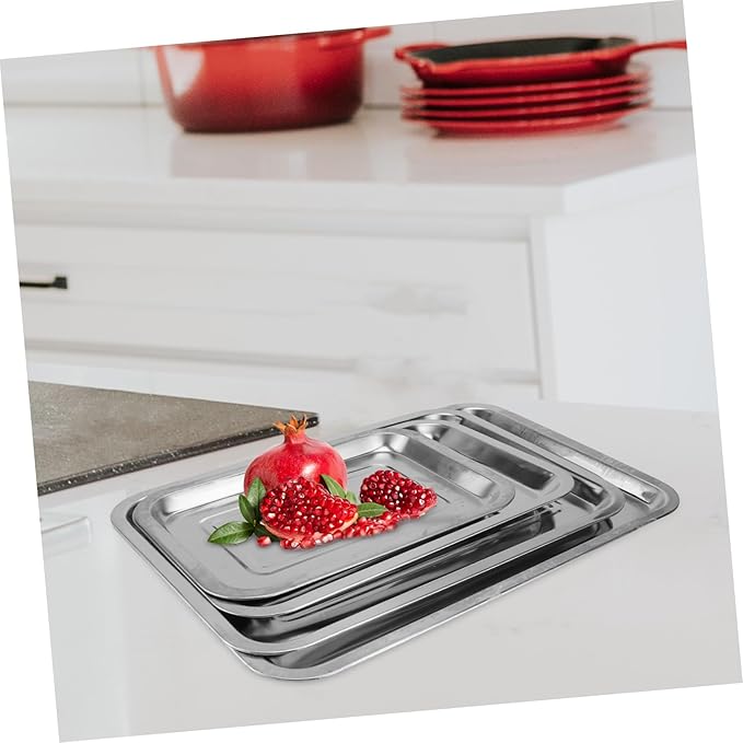4pcs Stainless Steel Serving Tray Silver Food Plate Snack Plate Decorative Trays for Home Restaurant Clean Fruit Bread Cake