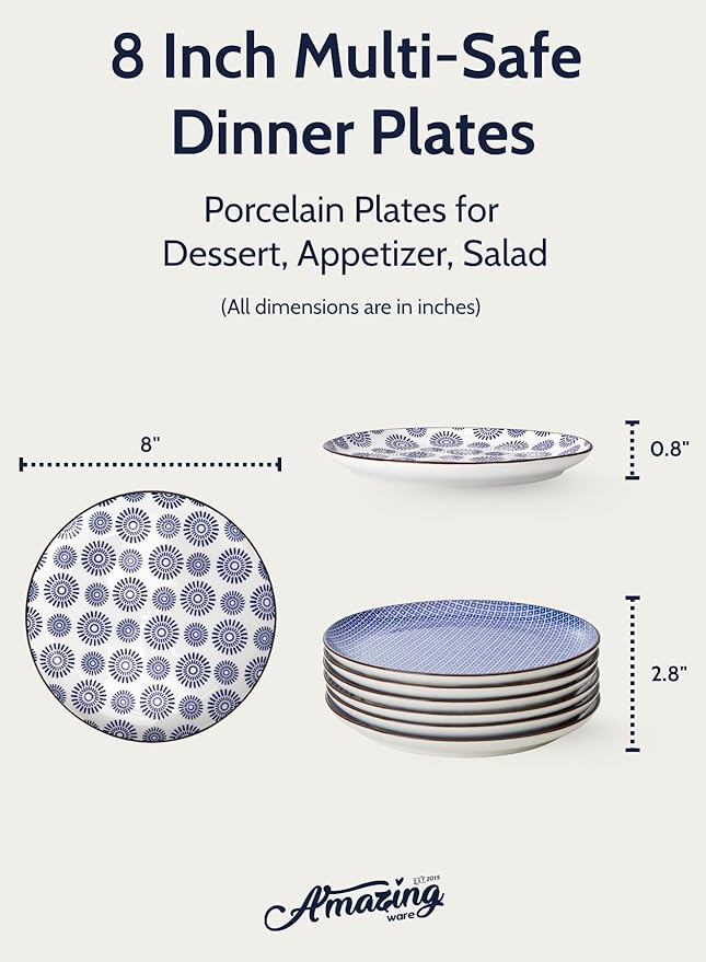 Amazingware Porcelain Dessert Plates Appetizer Plates, Salad Plates, Small Plates - Dishwasher, Microwave, Oven Safe (Vintage Blue, 8 Inch)